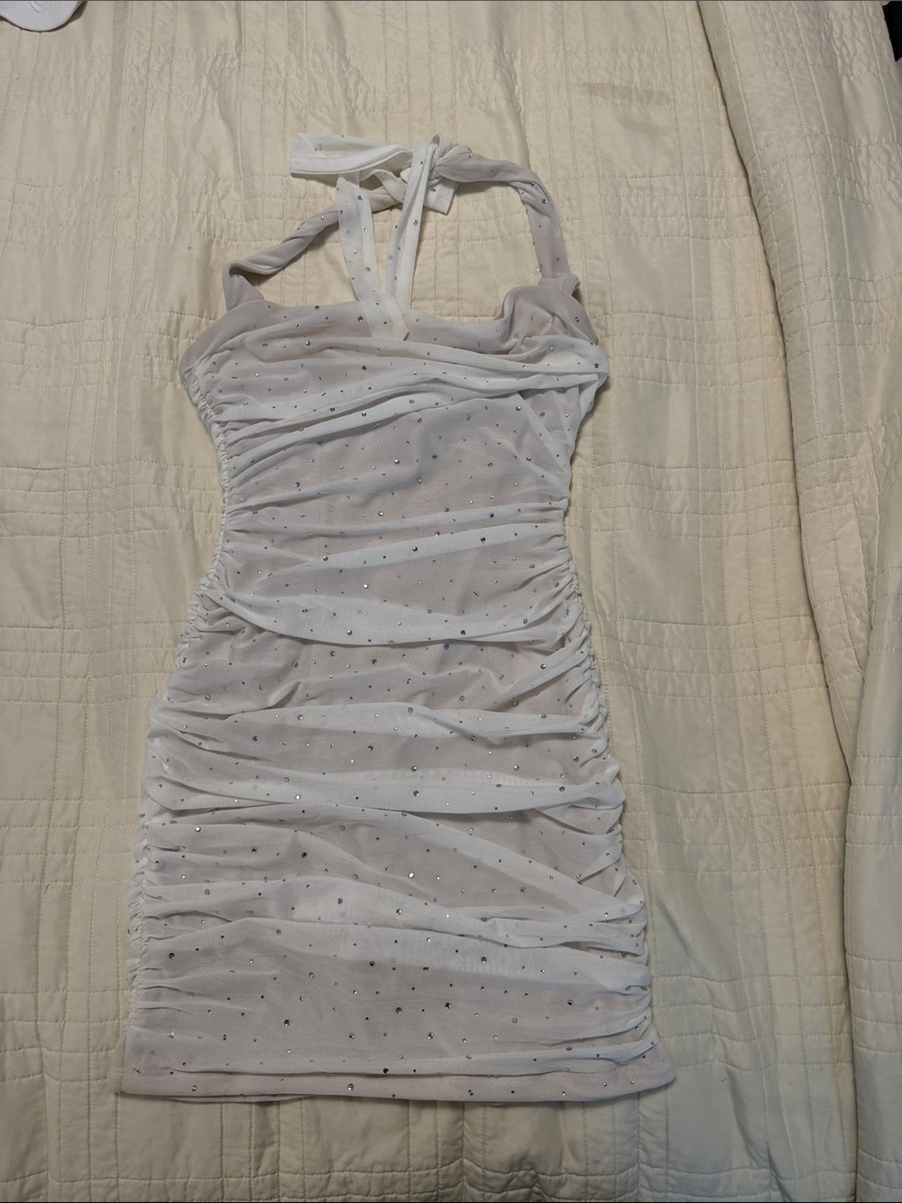 Lucy in the Sky White Ruched Halter Mini Dress with Sparkle Dots